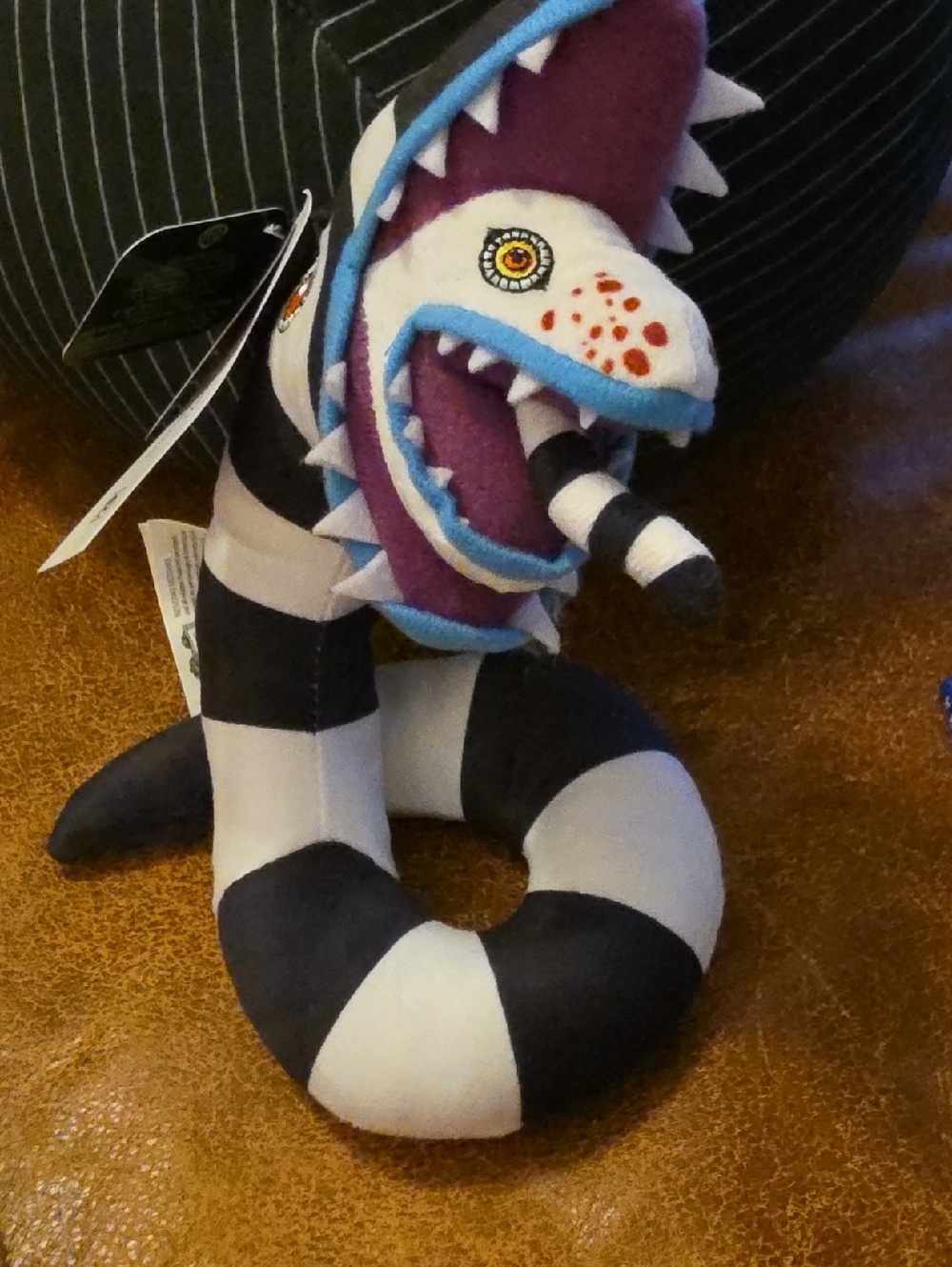 Beetlejuice Sandworm  Striped Plush Monster with Purple Mouth and Blue Trim